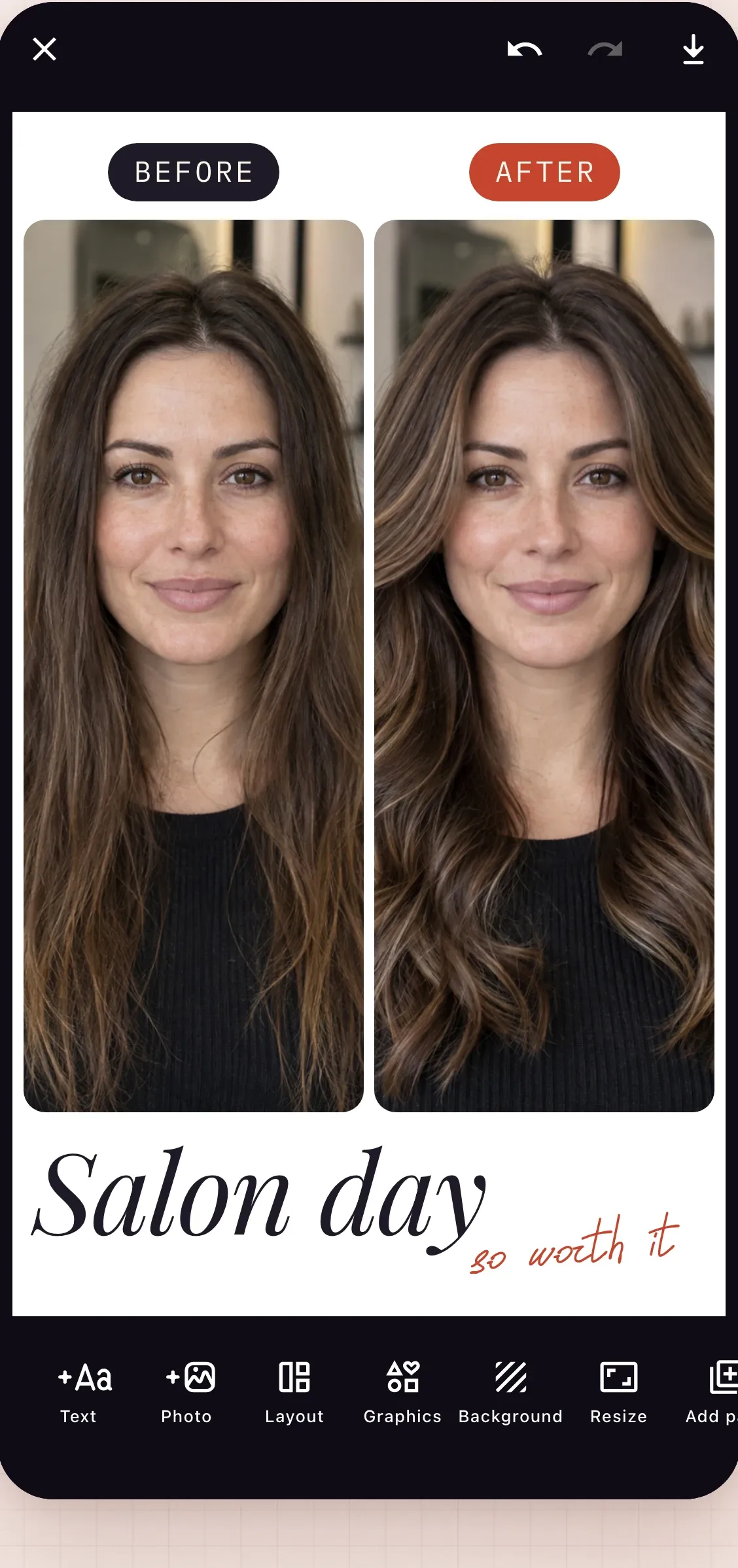 A before and after hair collage in the Ink editor: two photos side by side labeled Before and After, with the caption “Salon day”.