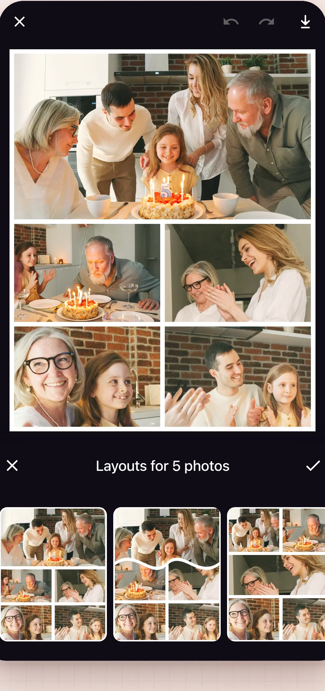 The Ink editor showing a birthday collage with one wide family photo on top and four close-ups below, with the layout picker for 5 photos open.