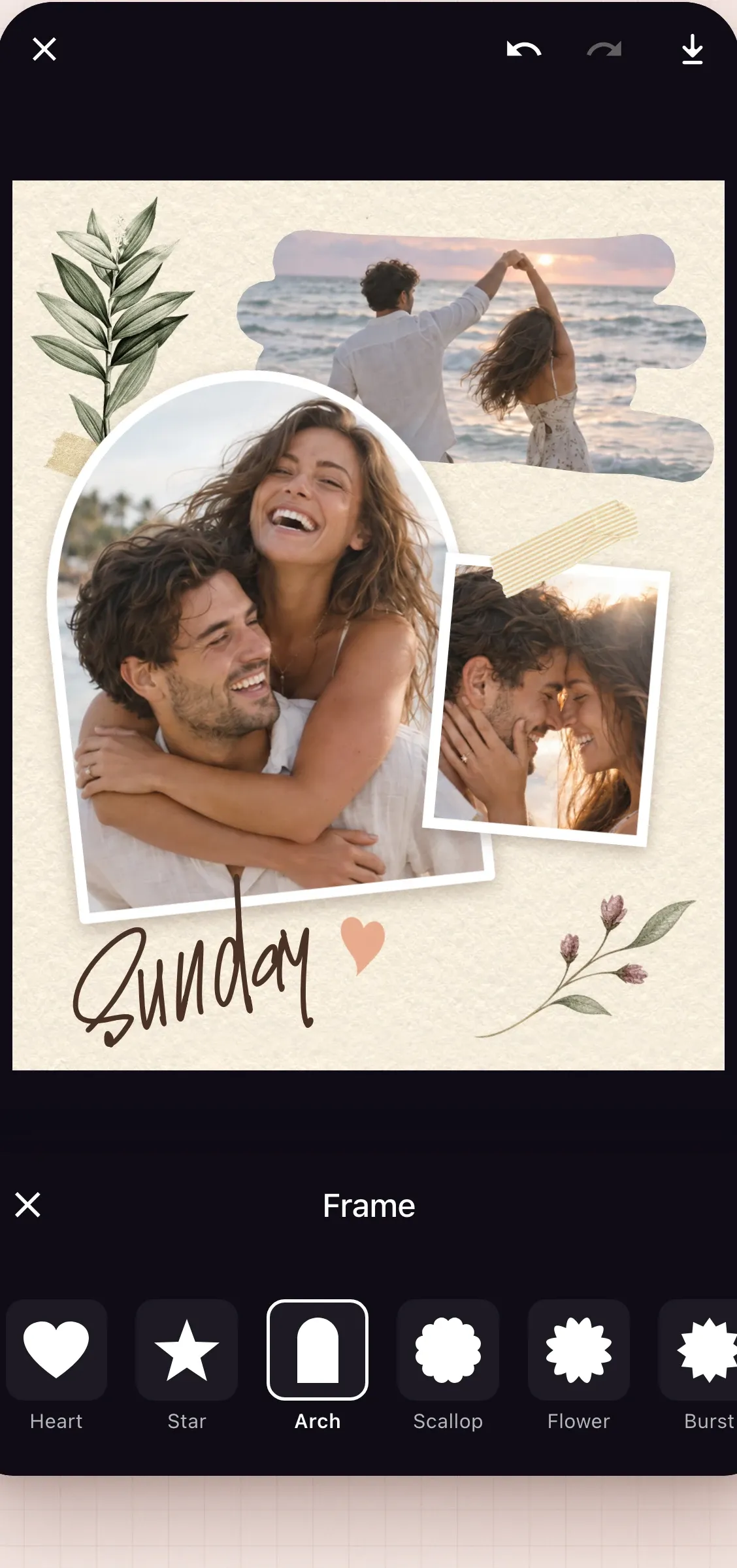 A scrapbook-style couple collage in the Ink editor with a photo in an arch frame, leaf stickers and a handwritten caption, with the frame picker open.