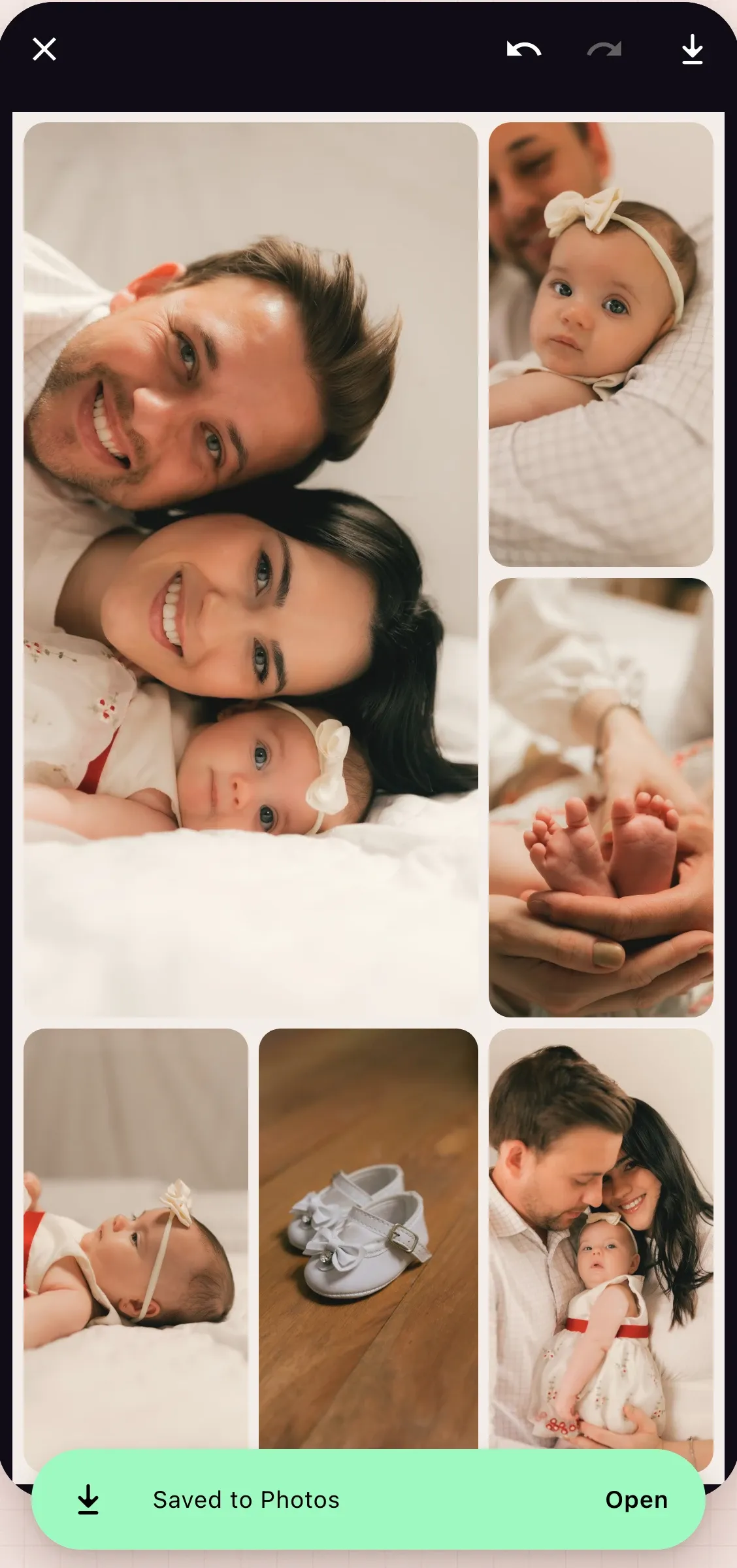 A family collage with a baby in the Ink editor and a “Saved to Photos” confirmation.