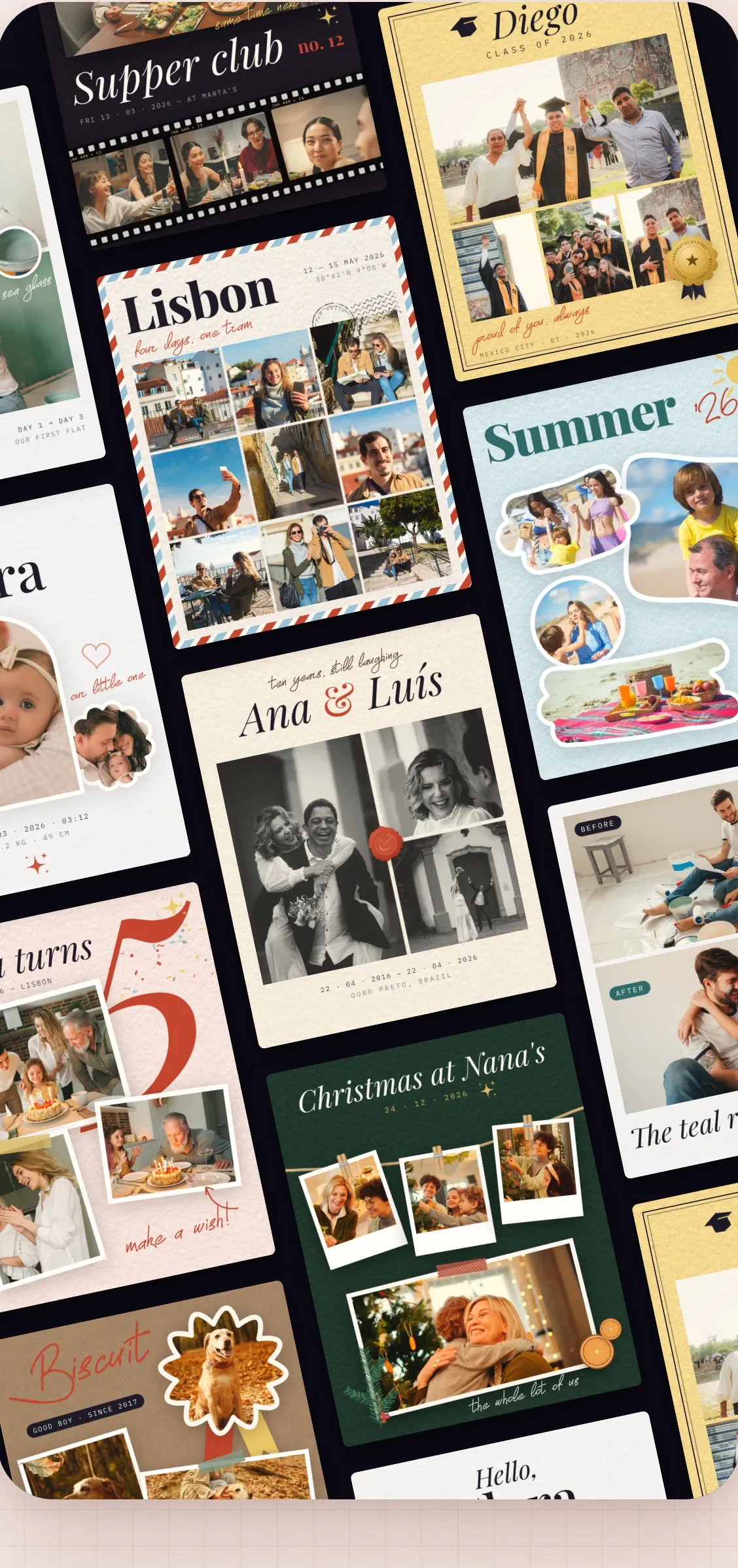 A wall of finished collage templates in Ink for trips, graduations, holidays and family moments.