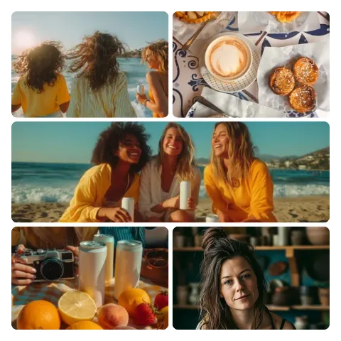 Preview of a 5-photo collage: two sample photos on top, one wide photo in the middle and two at the bottom.
