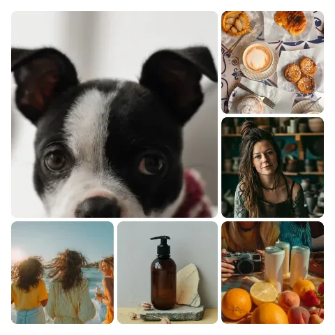 Preview of a 6-photo collage: one large sample photo in the top left with five smaller ones around it.