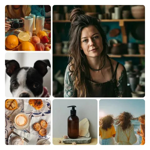 Preview of a 6-photo collage: one large sample photo in the top right with five smaller ones around it.