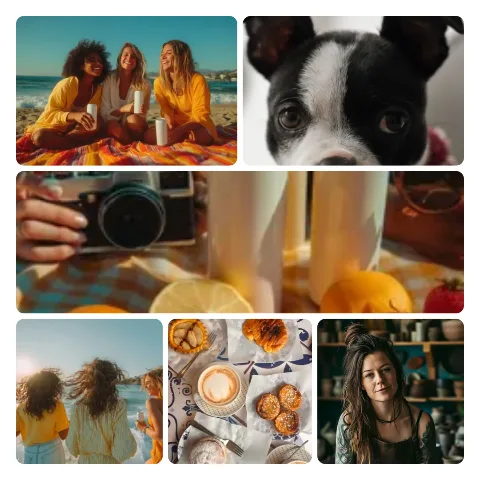 Preview of a mosaic collage: two sample photos on top, one wide photo in the middle and three along the bottom.