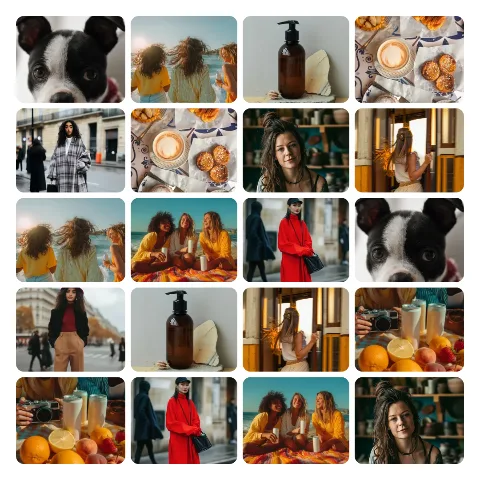 Preview of a 20-photo grid collage: twenty sample photos in five rows of four.